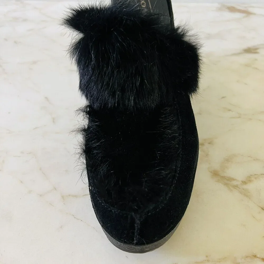 COACH Kaela Black Suede Rabbit Fur Slip On Clogs Mules With Wedge Heels - US 8